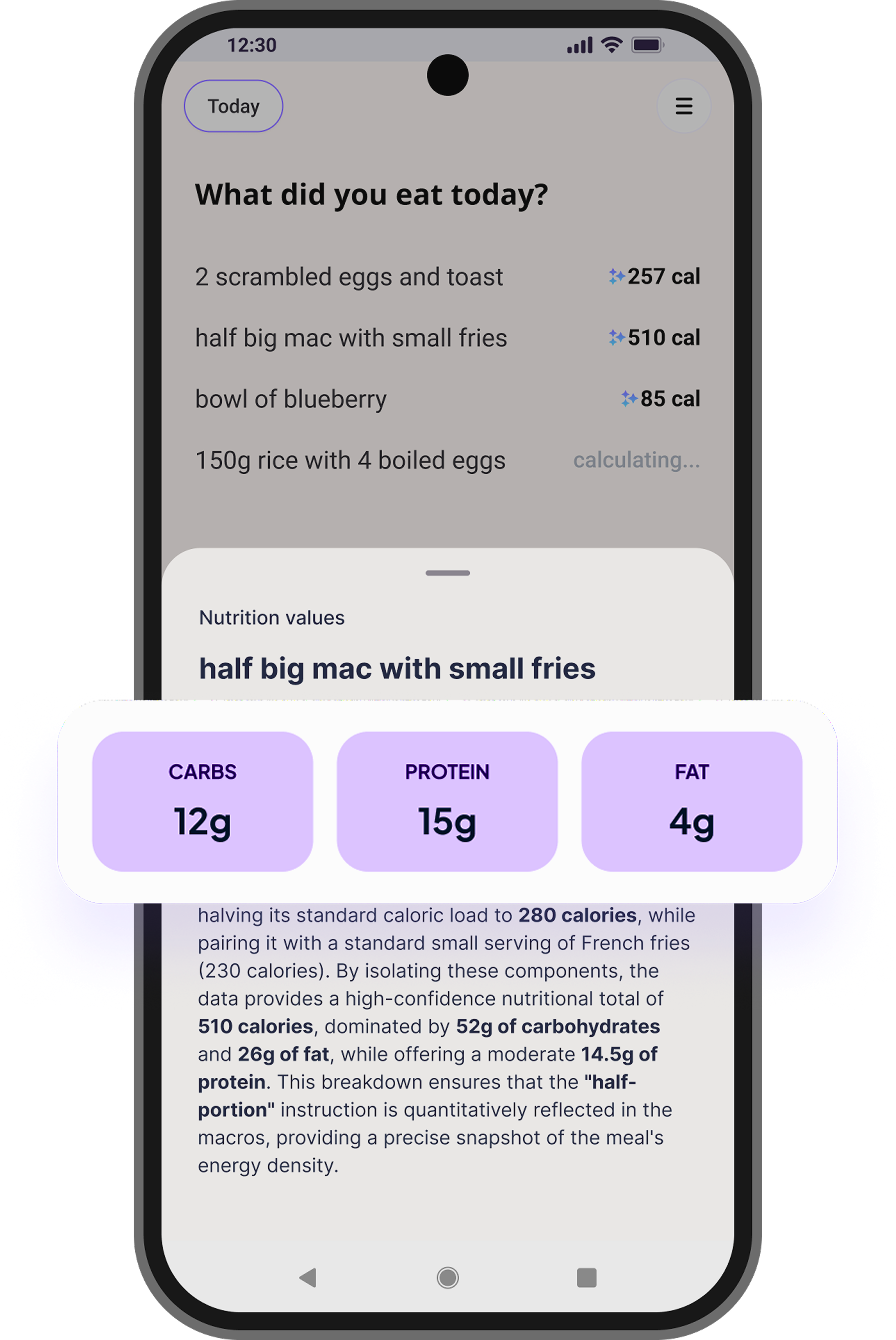 Detailed calorie and macro breakdown screen in CalNote mobile app