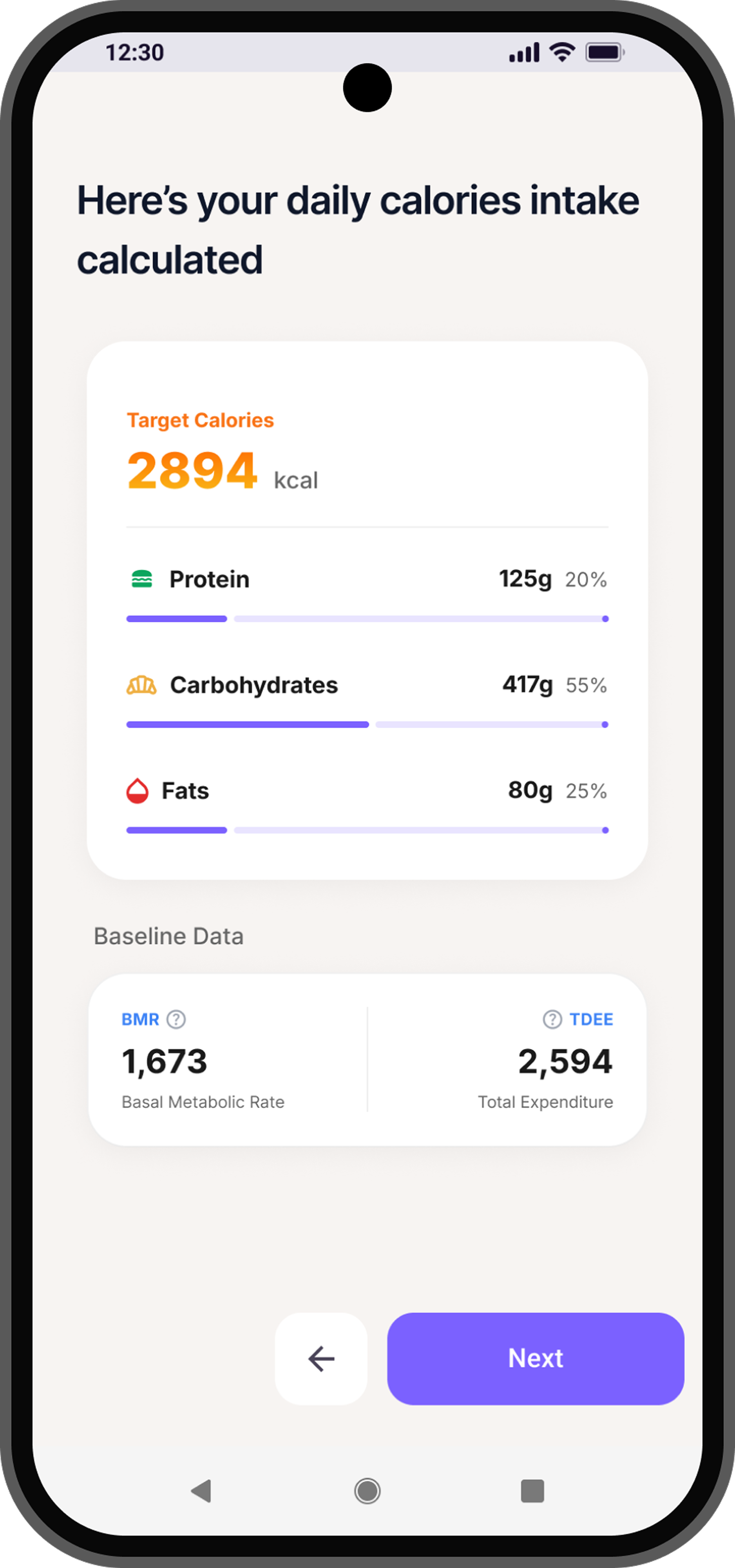 Calorie intake screen in CalNote mobile app